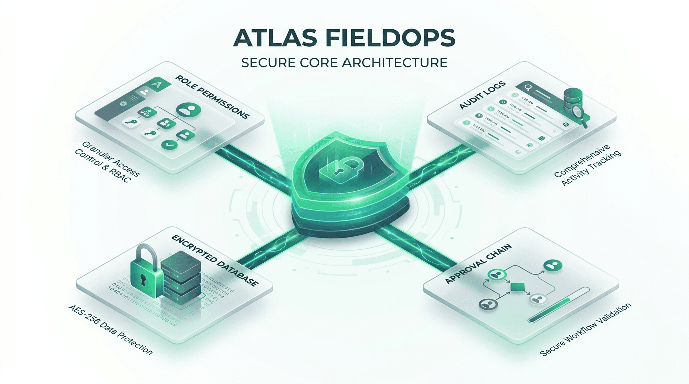 Atlas FieldOps secure core architecture: role permissions, audit logs, encrypted database, and approval chain around a central secure core
